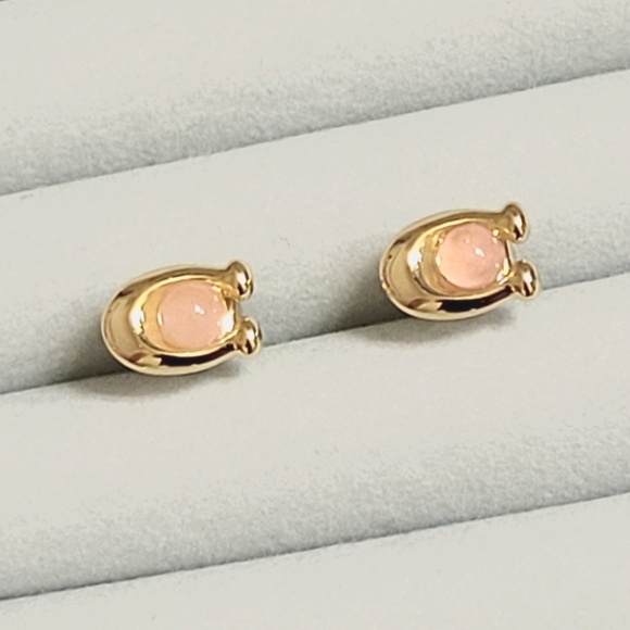 COACH Rose Quartz Signature C Gold Plated Stud Earrings - Picture 4 of 9